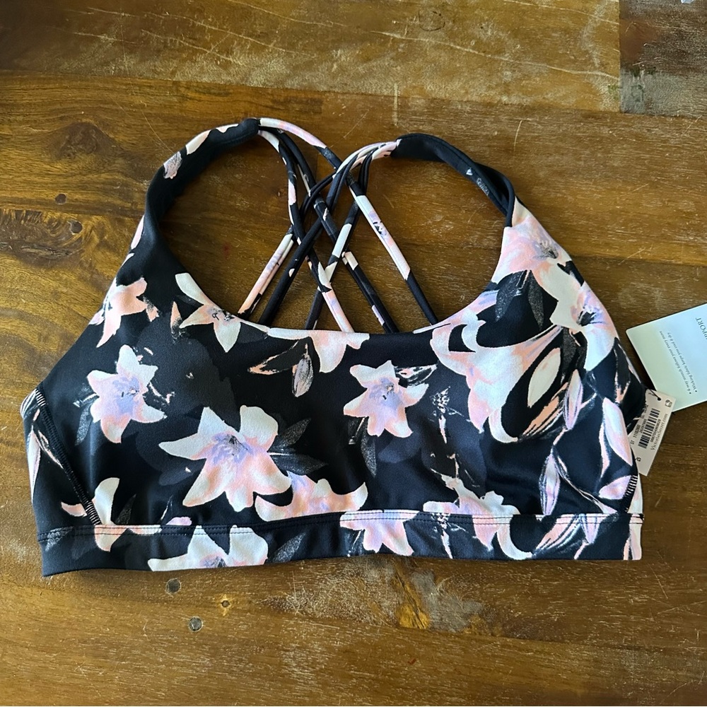 Victoria’s Secret black floral sports bra‎ minimal support size L NWT